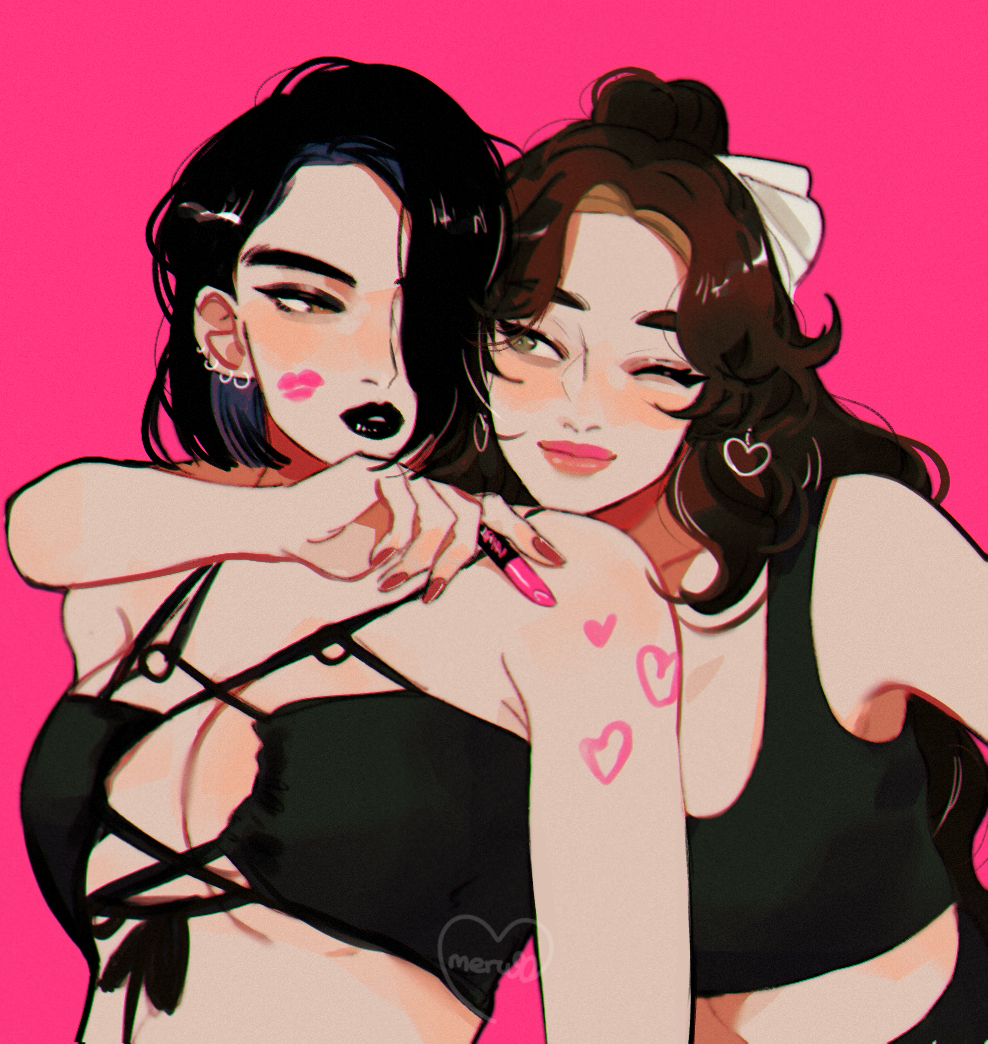 2girls, bare_shoulders, bikini, black_bikini, black_hair, black_lips, black_tank_top, blush