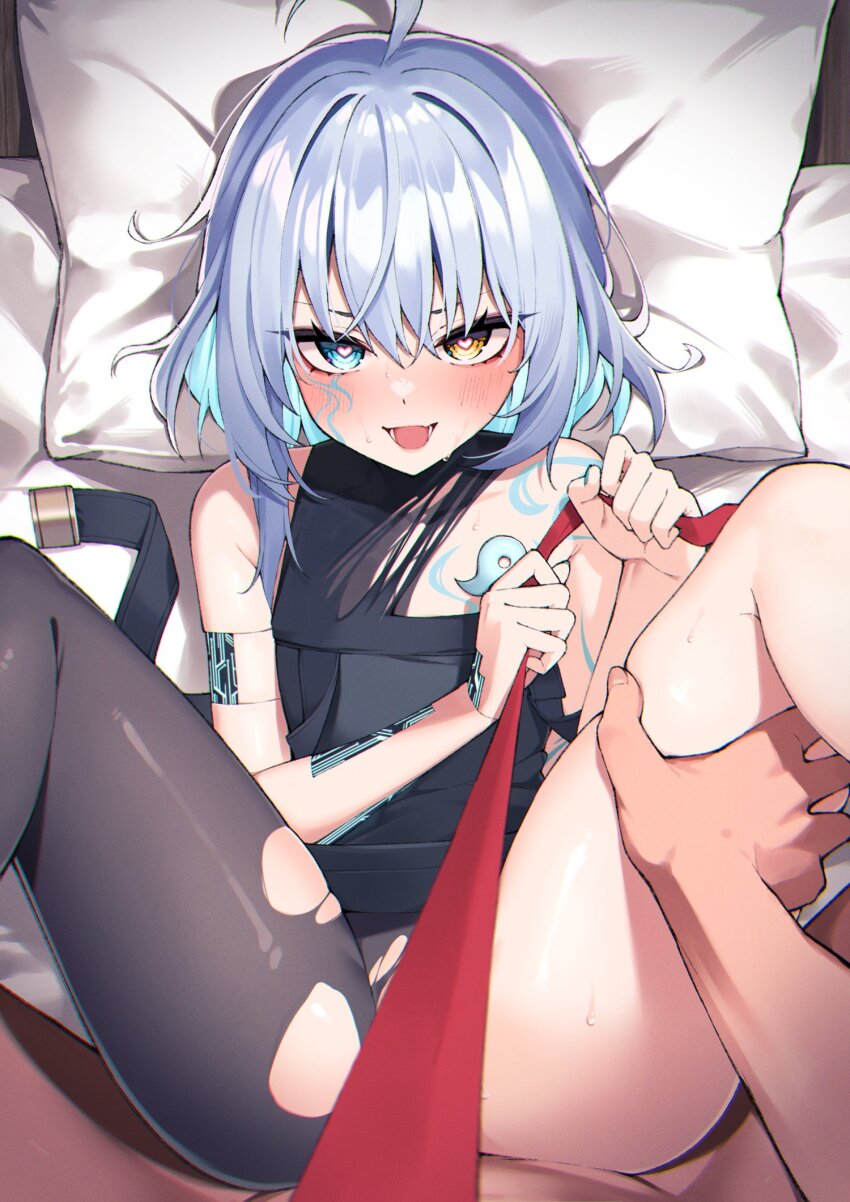 1boy, 1girl, ahoge, bed, blush, covering_privates, cyborg, flat_chest