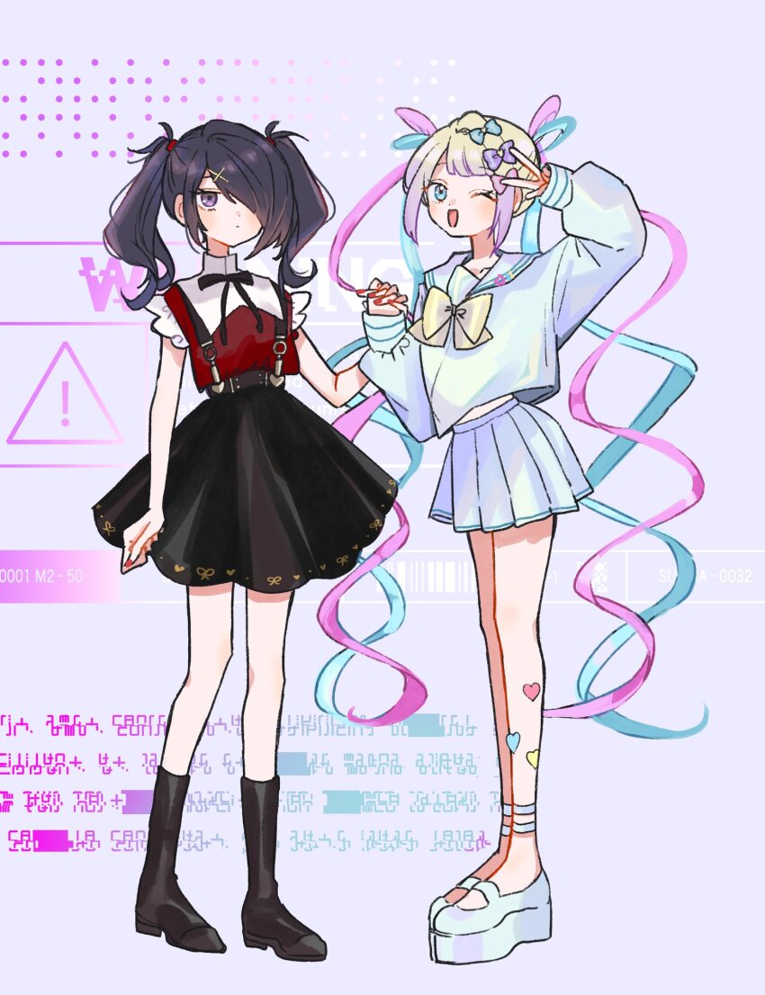 2girls, ame-chan_(needy_girl_overdose), arm_up, black_footwear, black_hair, black_ribbon, blonde_hair, blue_bow