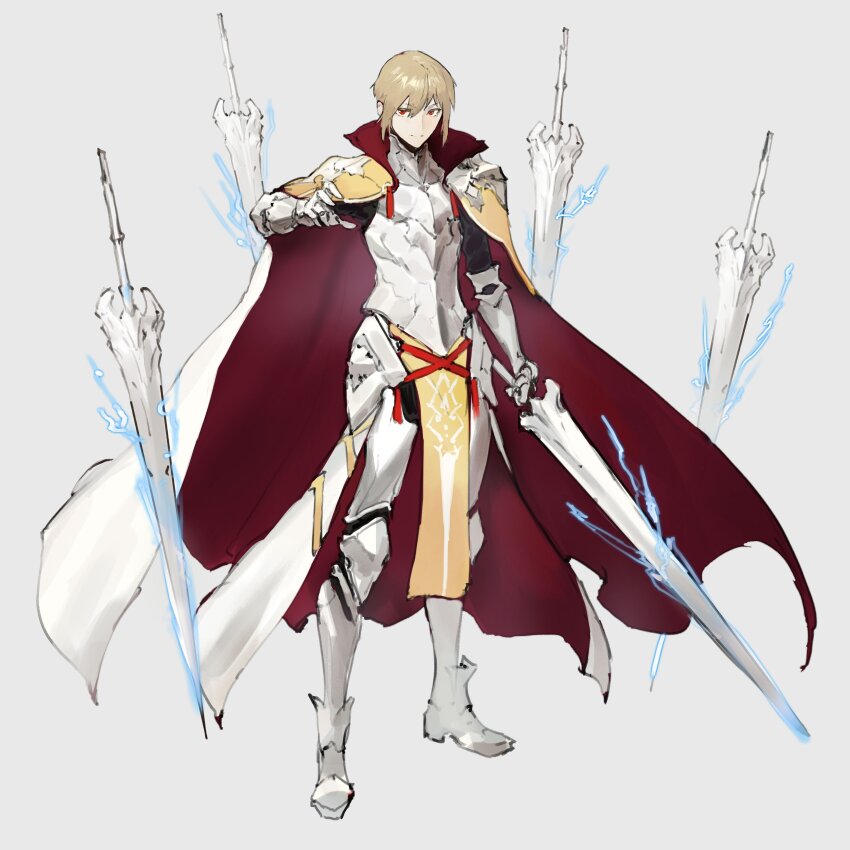 1boy, absurdres, armor, armored_bodysuit, armored_boots, armored_gloves, blonde_hair, boots, cape, closed_mouth, floating_sword, floating_weapon, hand_up, highres, ishura, long_hair, looking_at_viewer, red_eyes, rosclay_the_absolute, simple_background, smile, solo, sword, weapon, white_background, white_cape