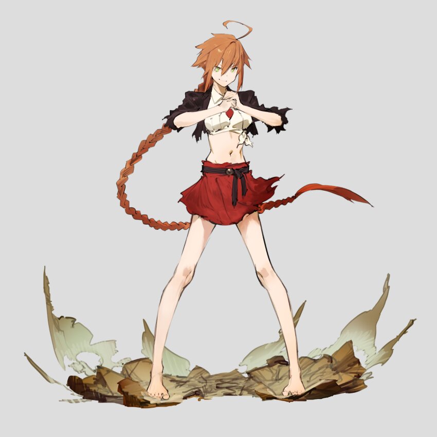 1girl, absurdres, ahoge, barefoot, belly, belt, belt_skirt, black_jacket, braid, braided_ponytail, closed_mouth, green_eyes, hands_up, highres, ishura, jacket, long_hair, open_clothes, open_jacket, orange_hair, red_skirt, shirt, simple_background, skirt, smile, solo, tied_shirt, tu_the_magic, very_long_hair, white_background, white_shirt