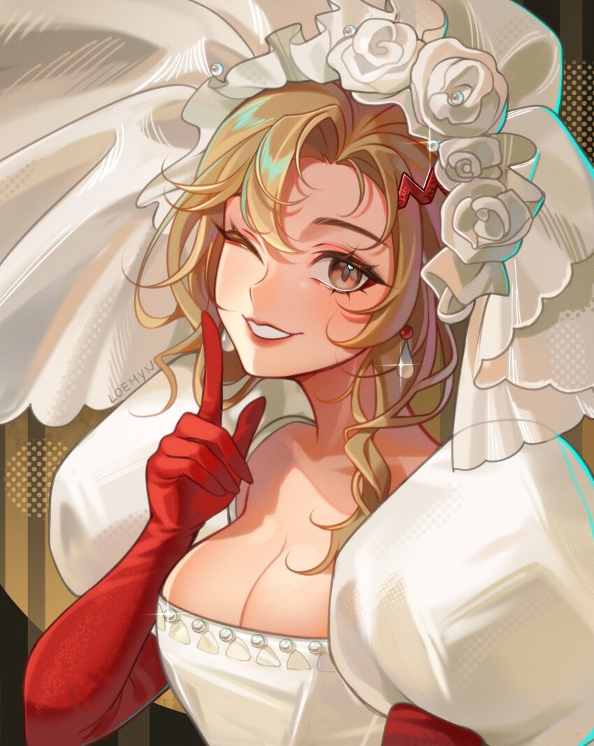 1girl, ;d, absurdres, asymmetrical_bangs, breasts, brown_background, brown_eyes, brown_hair