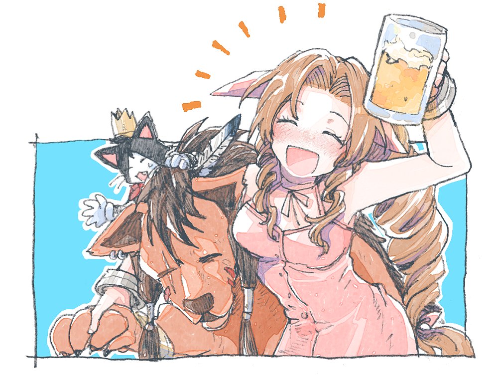 1boy, 1girl, aerith_gainsborough, alcohol, animal, arm_around_shoulder, bare_shoulders, beer