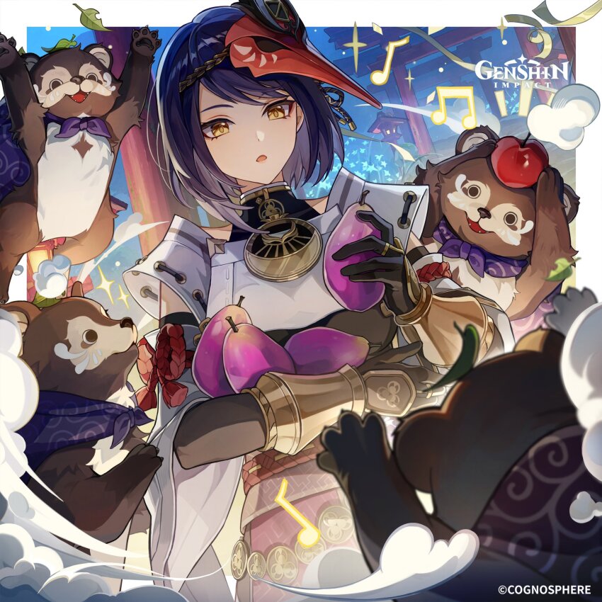 1girl, animal, apple, black_gloves, black_hair, copyright_name, food, fruit, genshin_impact, gloves, highres, holding, holding_food, holding_fruit, kujou_sara, lavender_melon_(genshin_impact), leaf, leaf_on_head, mask, mask_on_head, musical_note, official_art, shirt, short_hair, upper_body, white_shirt, yellow_eyes