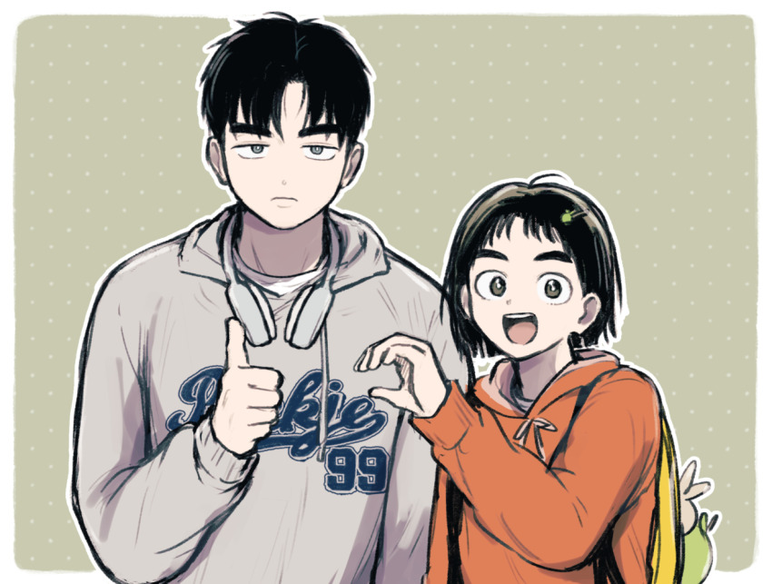 1boy, 1girl, after_school_lessons_for_unripe_apples, apple_hair_ornament, backpack, bag, black_eyes, food-themed_hair_ornament