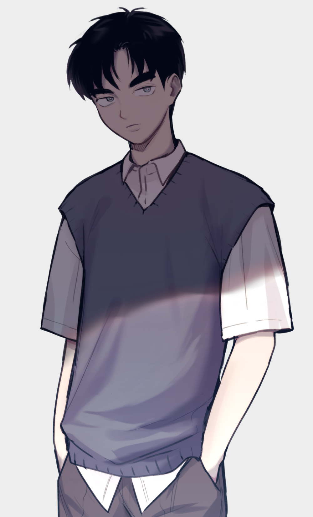 1boy, after_school_lessons_for_unripe_apples, black_hair, black_pants, grey_sweater_vest, hands_in_pockets, highres, jisu_seo