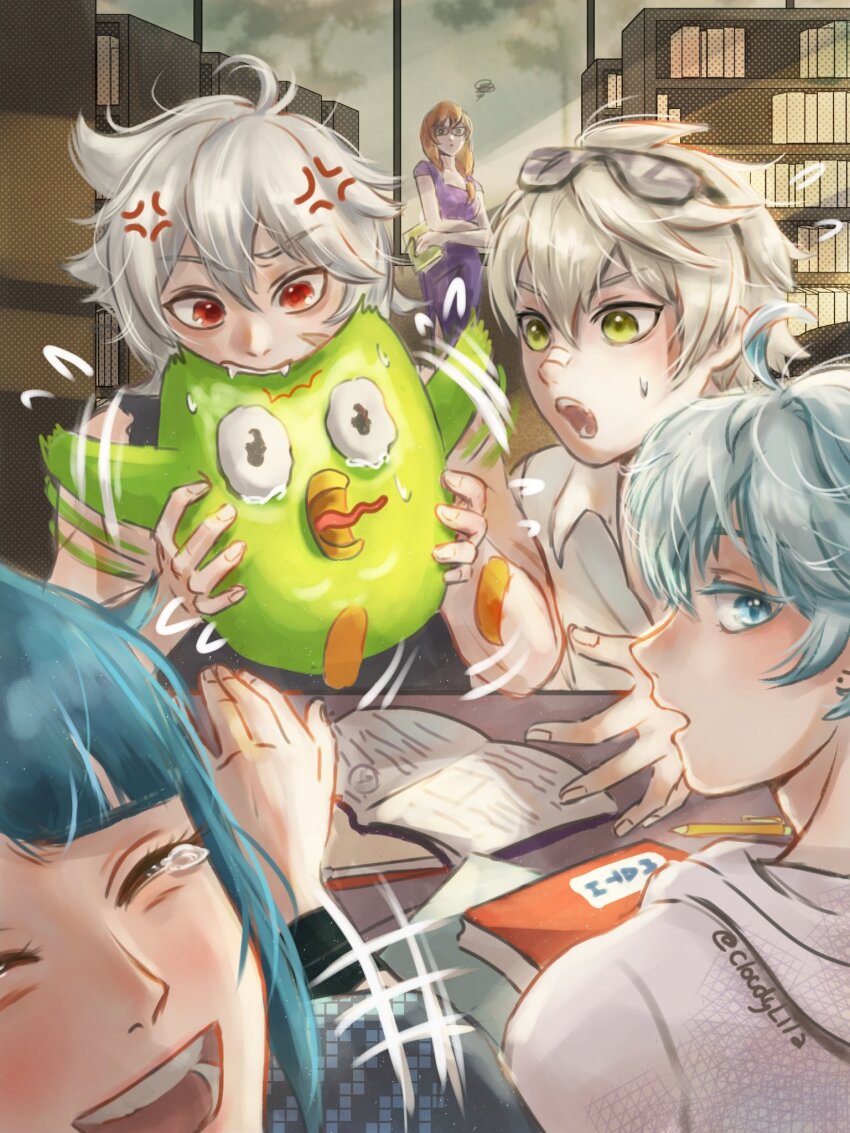 1girl, 4boys, anger_vein, bennett_(genshin_impact), blue_eyes, blue_hair, book, chongyun_(genshin_impact), closed_eyes, cloudylila, duo_(duolingo), duolingo, fang, genshin_impact, green_eyes, highres, laughing, library, lisa_(genshin_impact), multiple_boys, open_mouth, razor_(genshin_impact), red_eyes, sitting, sweat, table, tears, tongue, tongue_out, white_hair, xingqiu_(genshin_impact)