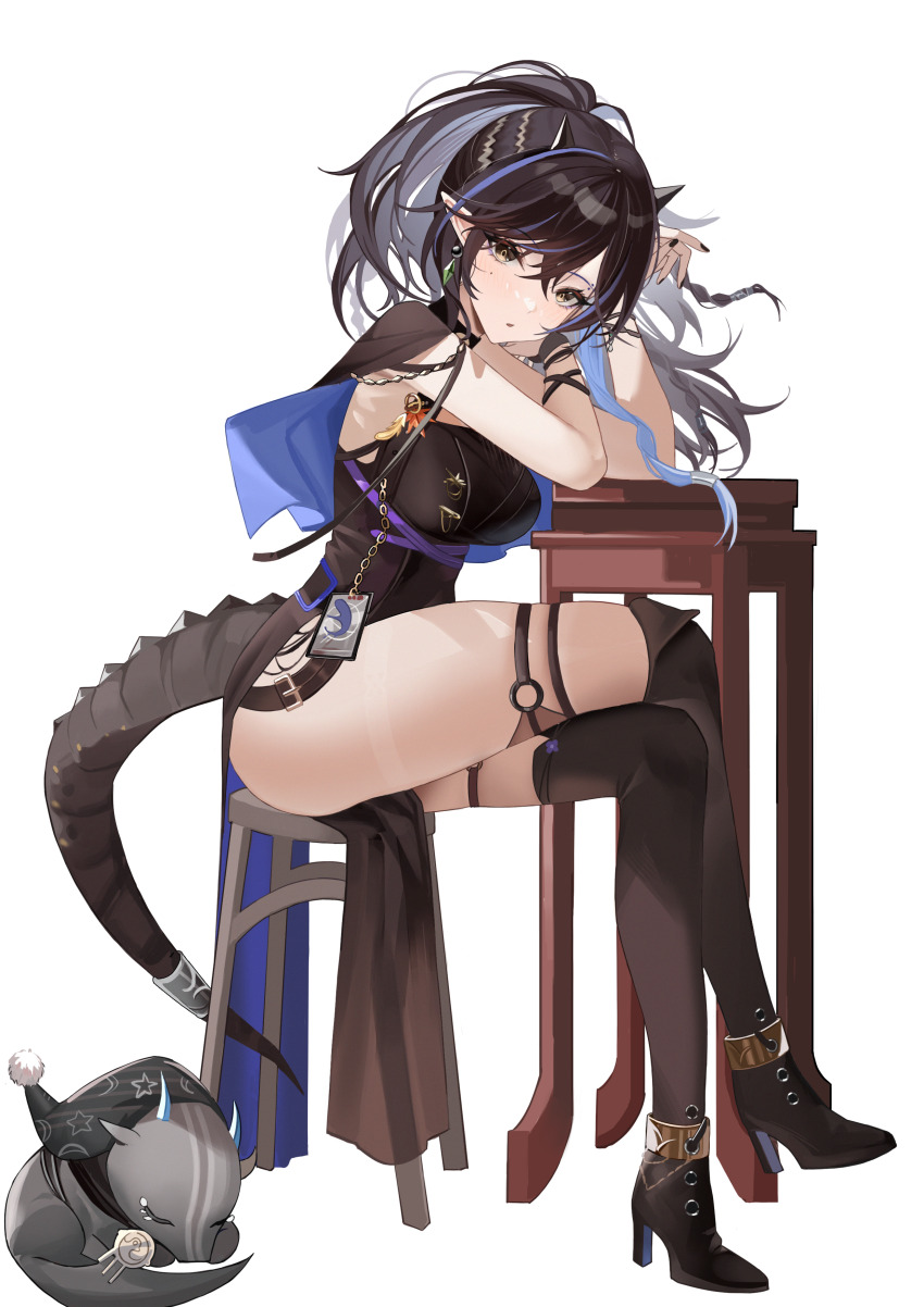 1girl, absurdres, arknights, awwwwys, bare_shoulders, black_capelet, black_dress, black_hair, black_horns, black_nails, black_tail, blacknight_(arknights), blue_capelet, blue_hair, boots, brown_boots, capelet, commentary_request, crossed_bangs, crossed_legs, dress, earrings, fingernails, full_body, grey_hair, hair_between_eyes, highres, horns, jewelry, looking_at_viewer, multicolored_hair, nail_polish, on_stool, ouma_zi-o_rider_watch, parted_lips, pointy_ears, short_dress, simple_background, sitting, solo, stool, tail, thigh_boots, two-sided_capelet, two-sided_fabric, white_background, yellow_eyes