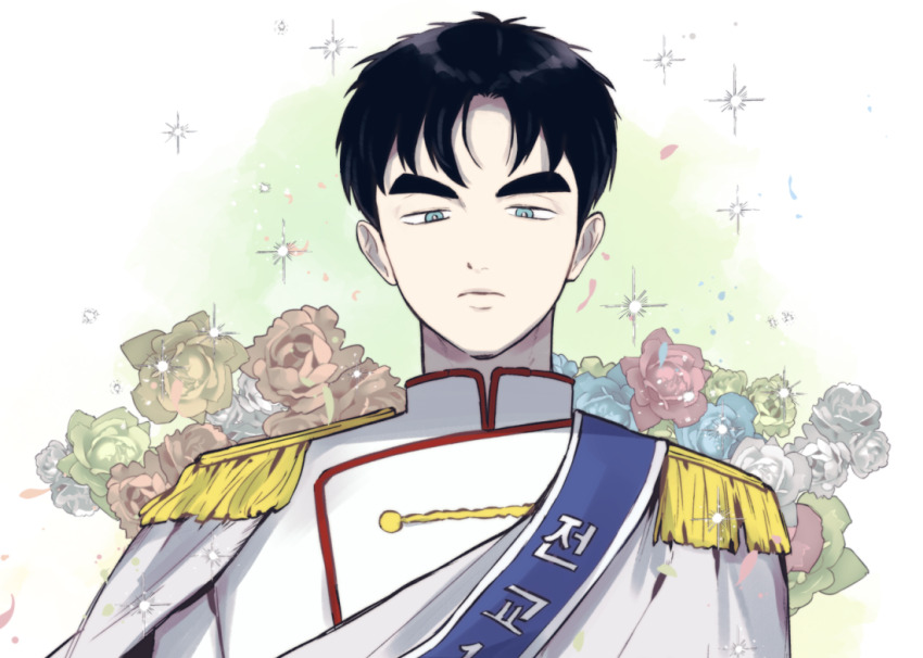 1boy, after_school_lessons_for_unripe_apples, black_hair, cape, epaulettes, flower, grey_eyes, jacket