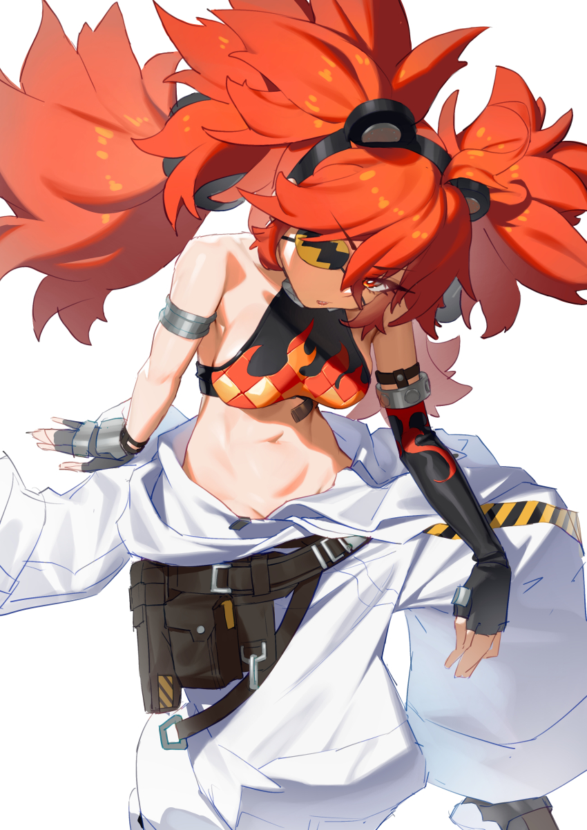 1girl, absurdres, animal_ears, asymmetrical_gloves, baggy_pants, bare_shoulders, bear_ears, black_gloves, breasts, danaid_ianad, elbow_gloves, eyepatch, fake_animal_ears, fingerless_gloves, flame_print, gloves, hair_ornament, highres, koleda_belobog, long_hair, looking_at_viewer, medium_breasts, midriff, navel, pants, parted_lips, red_eyes, red_hair, simple_background, single_elbow_glove, solo, sphere_hair_ornament, white_background, white_pants, zenless_zone_zero