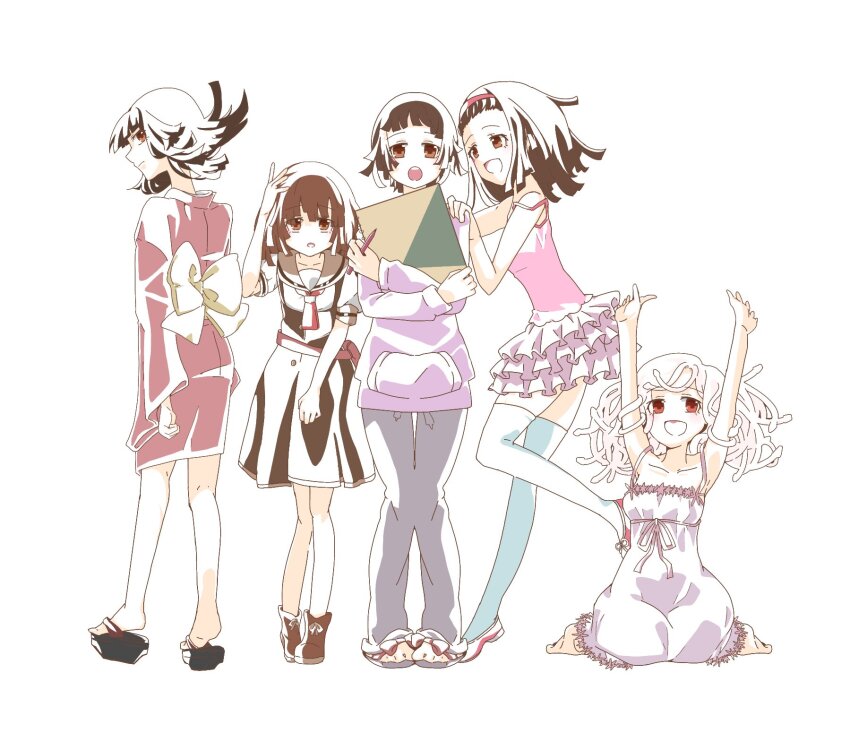 5girls, :d, :o, adjusting_hair, arm_at_side, armpits, arms_up, bare_shoulders