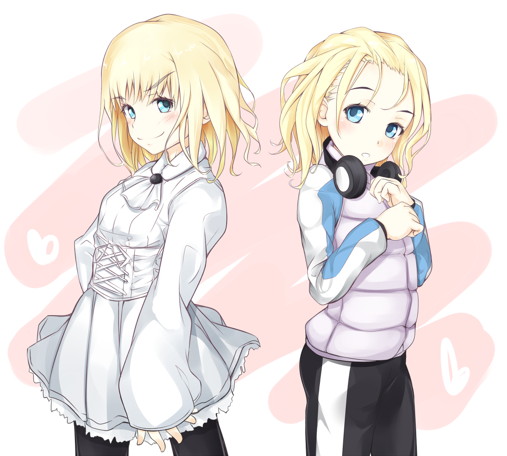 2girls, black_pants, blonde_hair, blue_eyes, blush, child, closed_mouth, collared_vest