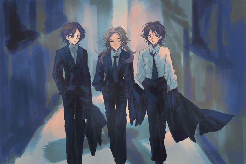 3boys, ?, alternate_costume, black_hair, black_jacket, black_necktie, black_pants, chinese_commentary