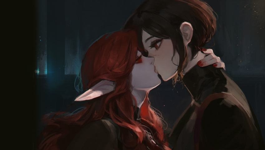 2girls, black_hair, black_shirt, cinderone, eye_contact, from_side, highres, kiss, long_hair, looking_at_another, multiple_girls, nail_polish, original, pointy_ears, red_eyes, red_hair, red_nails, ronova_(cinderone), sazha_(cinderone), scar, scar_on_face, scar_on_nose, shirt, short_hair, sidelocks, turtleneck, turtleneck_shirt, yuri