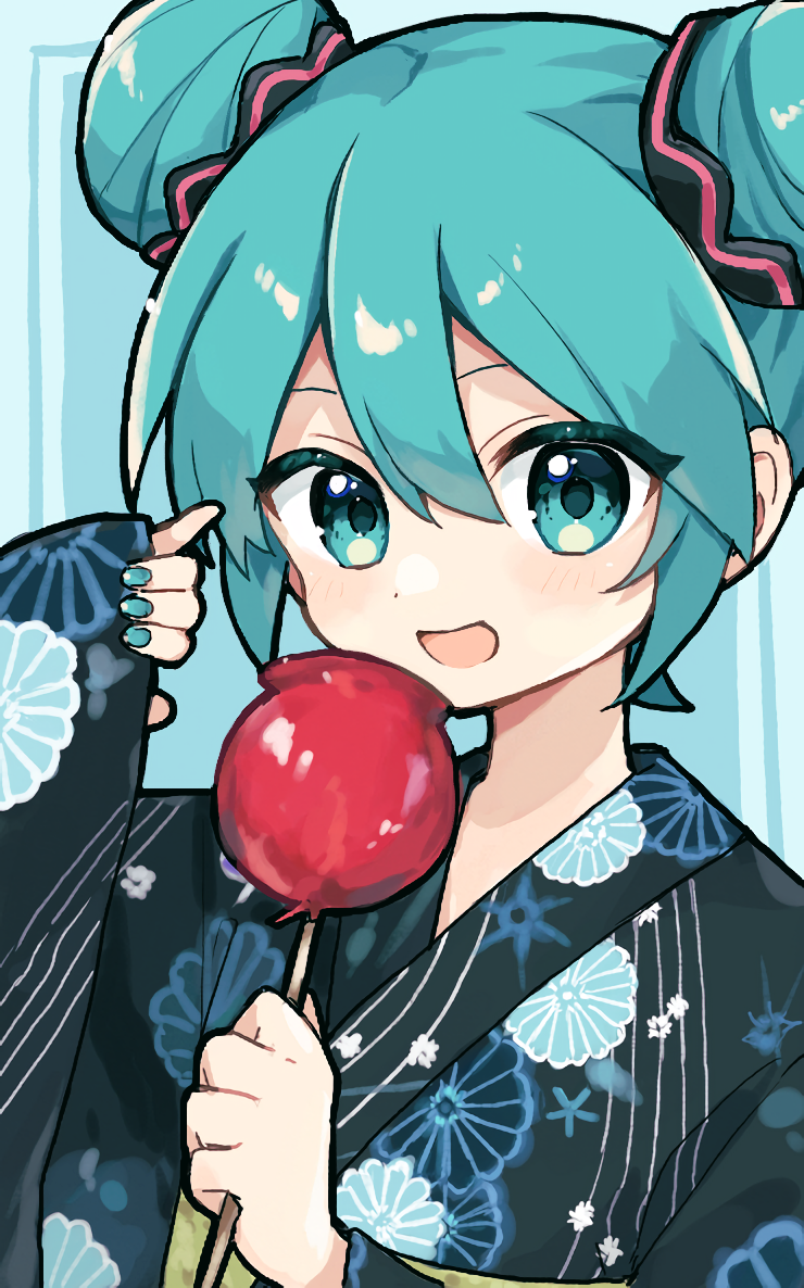 1girl, :d, akikan_sabako, aqua_background, aqua_eyes, aqua_hair, aqua_nails, black_kimono