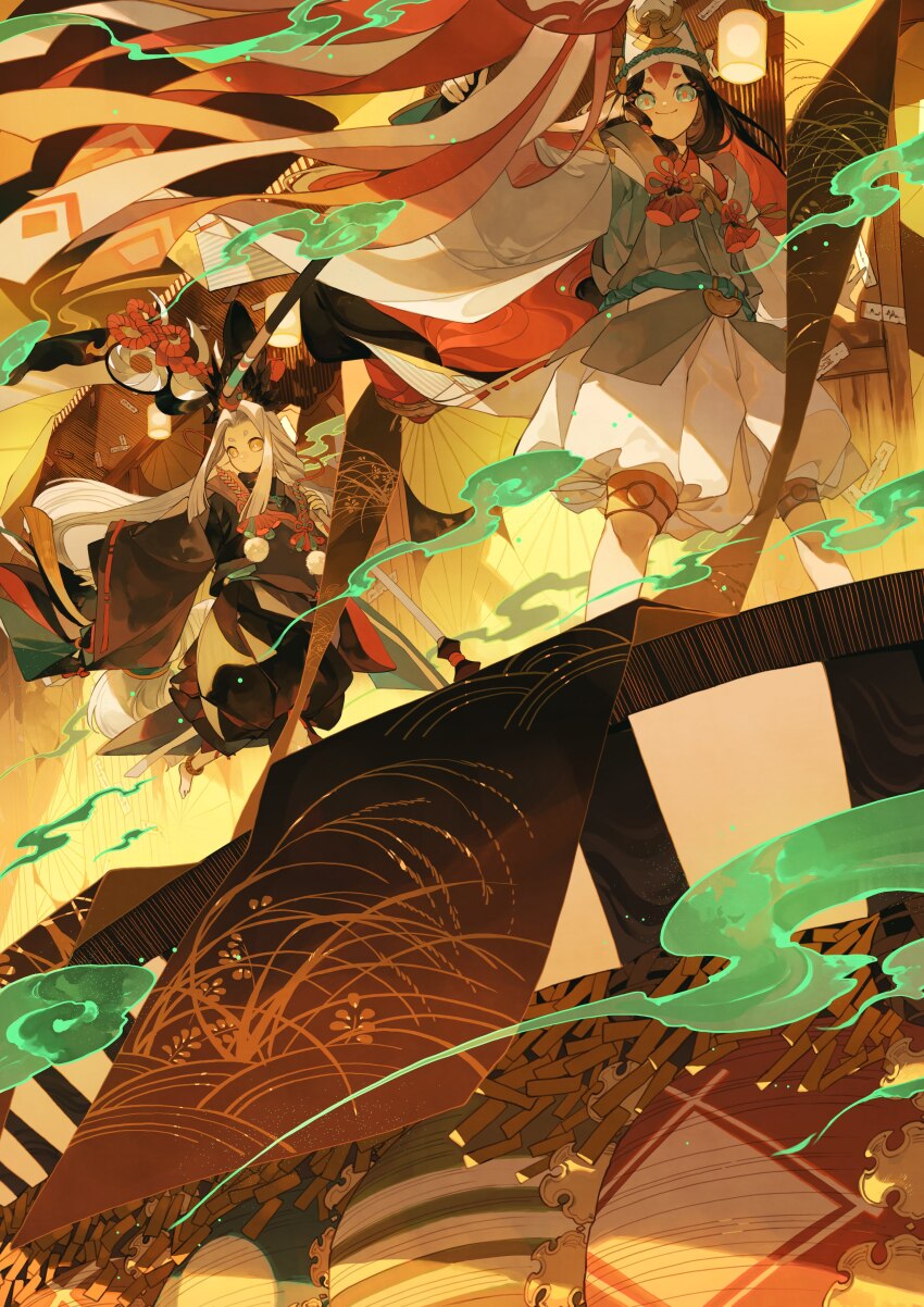 2boys, absurdres, black_hair, closed_mouth, colored_sclera, green_eyes, hat, highres