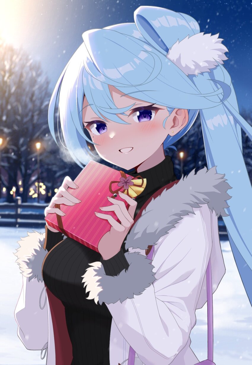 1girl, bag, bare_tree, black_sweater, blue_hair, blush, box, coat