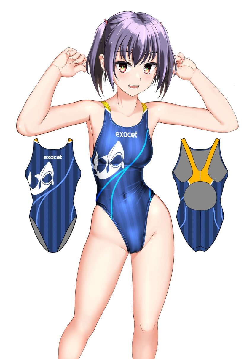 1girl, blue_one-piece_swimsuit, bow, bowtie, breasts, brown_eyes, commentary_request, competition_swimsuit, covered_navel, feet_out_of_frame, flexing, grey_hair, highleg, highleg_one-piece_swimsuit, highres, mask_print, multicolored_swimsuit, one-piece_swimsuit, original, short_hair, simple_background, small_breasts, smile, solo, striped_clothes, striped_one-piece_swimsuit, swimsuit, takafumi, twintails, white_background