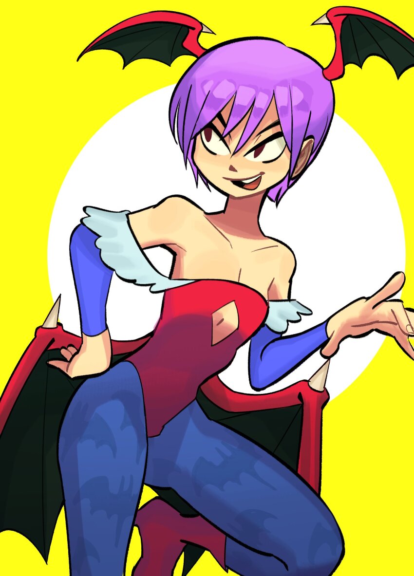 1girl, animal_print, bare_shoulders, bat_print, bat_wings, blue_pantyhose, collarbone, commentary