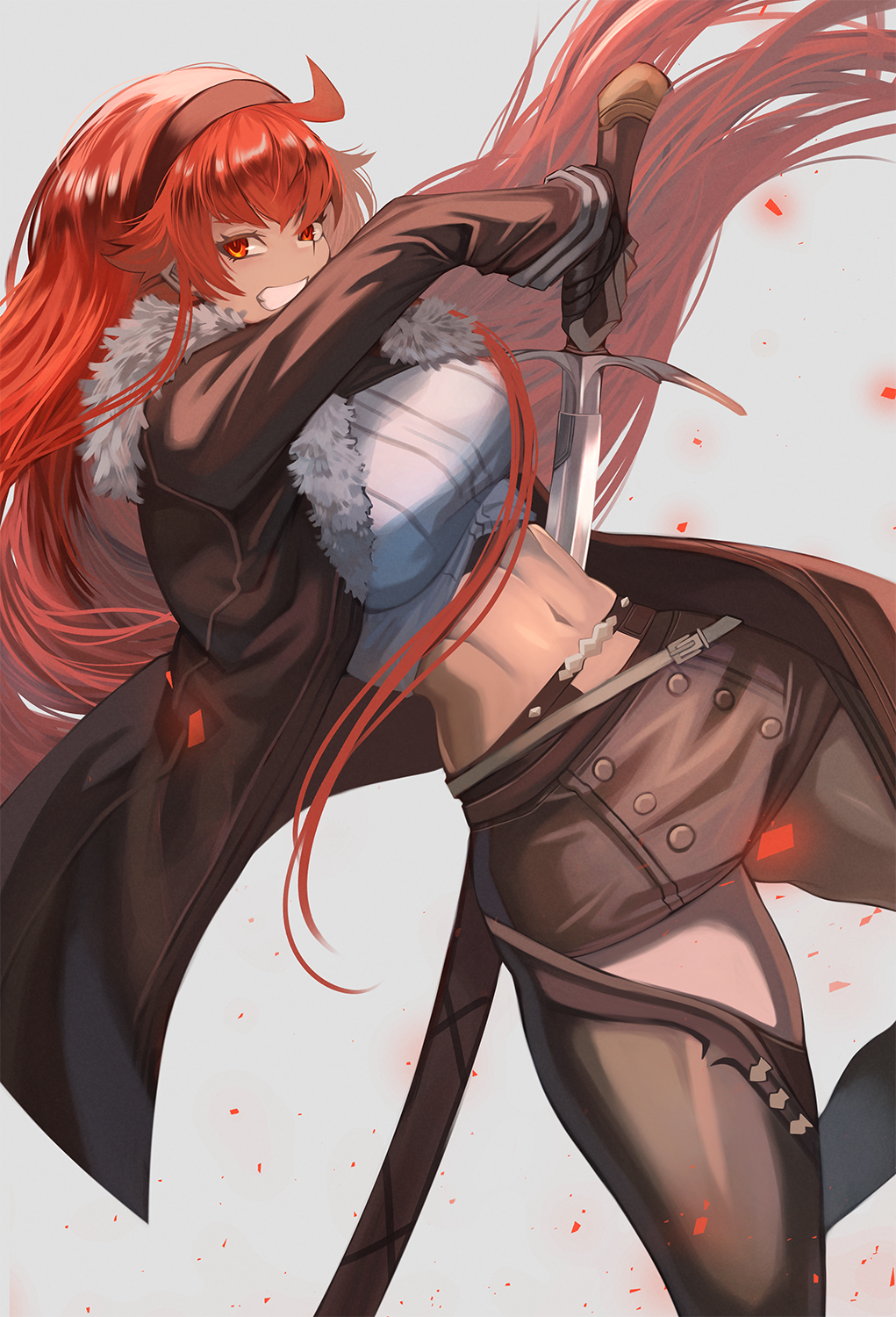 1girl, aged_up, ahoge, aroi26, belt, black_hairband, black_jacket, breasts, brown_belt, brown_shorts, clenched_teeth, commentary_request, cropped_shirt, eris_greyrat, floating_hair, fur-trimmed_jacket, fur_trim, hair_between_eyes, hairband, hand_wraps, highres, holding, holding_sword, holding_weapon, jacket, large_breasts, leg_warmers, long_hair, long_sleeves, looking_at_viewer, midriff, mushoku_tensei, navel, open_clothes, open_jacket, red_eyes, red_hair, sheath, shirt, short_shorts, shorts, sidelocks, simple_background, skindentation, solo, sword, teeth, thick_eyebrows, unsheathing, very_long_hair, weapon, white_shirt
