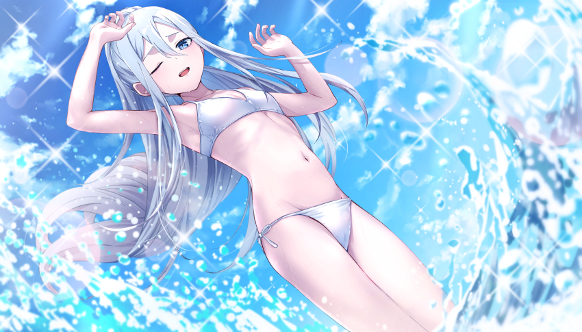 1girl, absurdres, bikini, blue_eyes, blue_sky, breasts, cloud, day