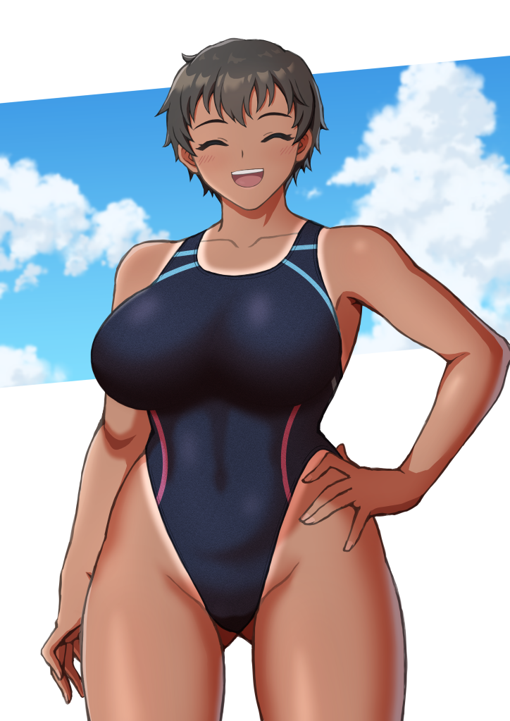 black_hair, black_one-piece_swimsuit, blue_sky, breasts, cloud, competition_swimsuit, covered_navel, cowboy_shot