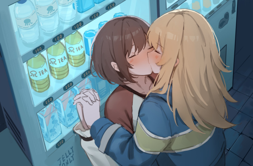 2girls, blonde_hair, blue_jacket, blush, brown_hair, collarbone, commentary_request, couple