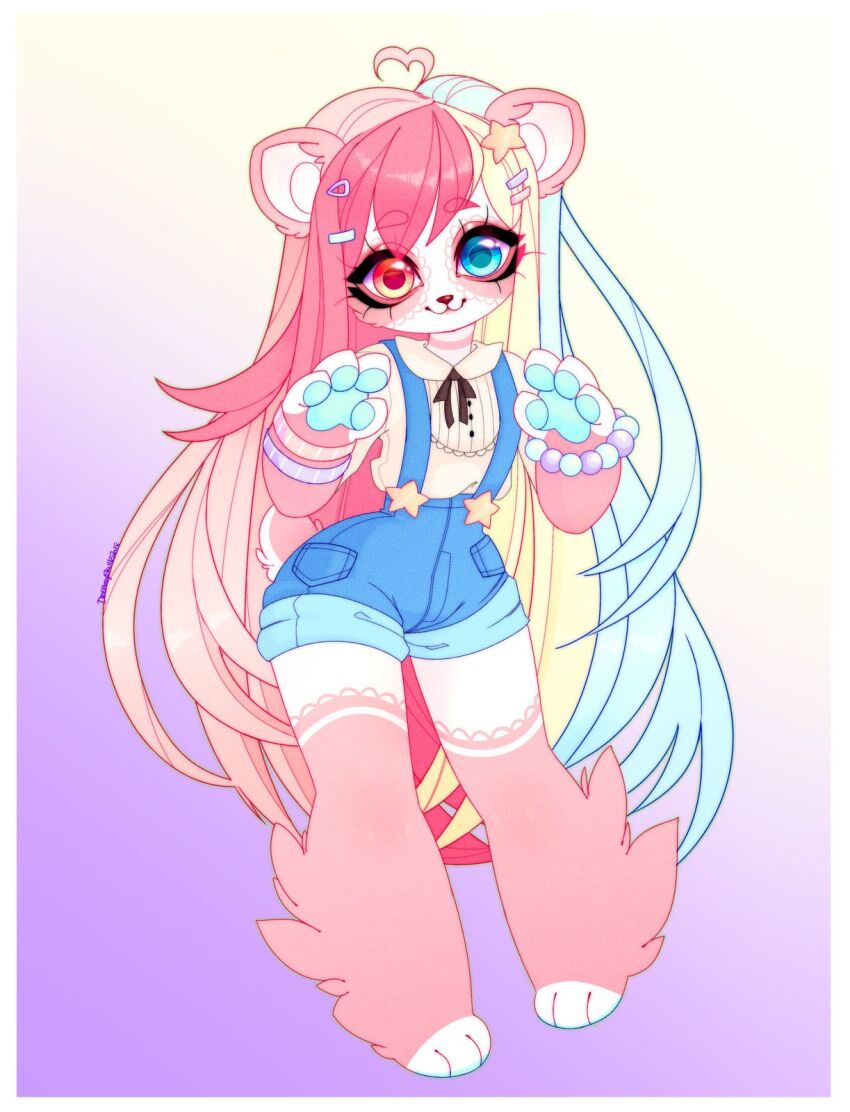 ahoge, animal_ears, animal_nose, barefoot, blonde_hair, blue_eyes, blue_hair, bracelet, denim, eyebrows, feet, fluffy, full_body, furry, gradient_background, hair_ornament, hairclip, heart-shaped_ahoge, heterochromia, highres, jeans, jewelry, long_hair, multicolored_hair, original, overalls, pandalilies, pants, pawpads, pink_fur, pink_hair, pocket, purple_background, red_eyes, red_hair, ribbon, shorts, simple_background, solo, standing, star-shaped_buttons, star_(symbol), star_hair_ornament, very_long_hair, watermark, white_background