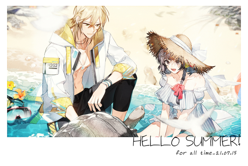 1boy, 1girl, :d, alkaid_mcgrath, alkaid_mcgrath_(azure_island), ball, bare_shoulders, beach