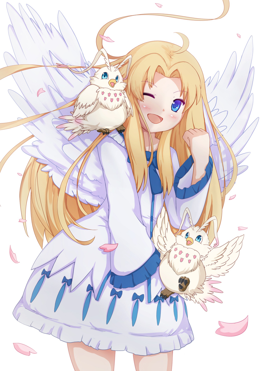 1girl, ;d, absurdres, ahoge, bird, bird_wings, blonde_hair, blue_bow