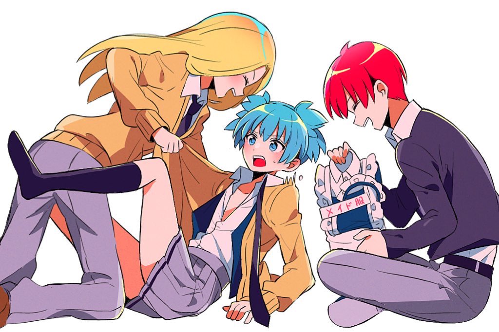 1girl, 2boys, ahoge, akabane_karma, alternate_costume, ansatsu_kyoushitsu, belt, black_dress