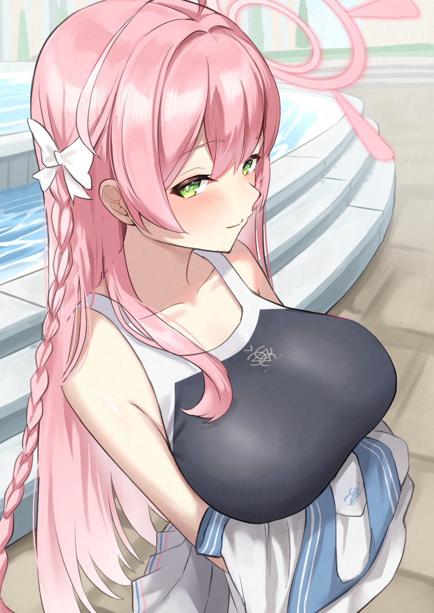 1girl, absurdres, ahoge, arms_under_breasts, black_one-piece_swimsuit, blue_archive, bow, braid