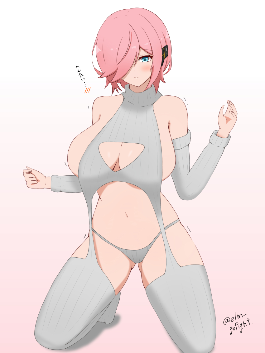 absurdres, artist_name, bare_shoulders, barrett_(cryptract), blue_eyes, blush, breasts, cleavage_cutout, closed_mouth, clothing_cutout, cryptract, detached_sleeves, entero_gofight, hair_over_one_eye, highres, kneeling, large_breasts, navel, pink_hair, sideboob, simple_background, solo, translated, turtleneck, virgin_destroyer_sweater