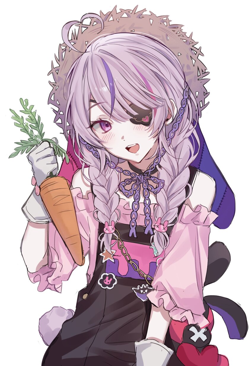 1girl, absurdres, ahoge, blush, braid, carrot, detached_sleeves, eyepatch
