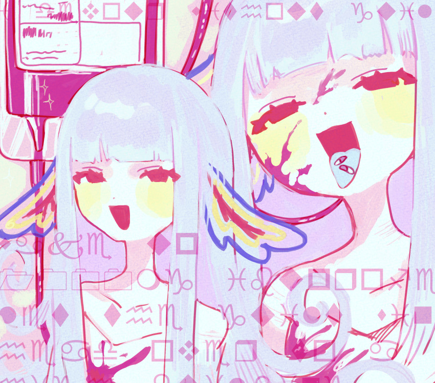 1girl, blood, blood_bag, blood_on_face, blunt_bangs, commentary, dot_nose, english_commentary, half-closed_eyes, highres, hime_cut, limited_palette, long_hair, looking_at_viewer, multiple_views, nonsense_alice_(nonsensemanna), nonsensemanna, open_mouth, original, pill, pill_in_mouth, portrait, red_eyes, sidelocks, smile, straight_hair, white_hair, wingdings