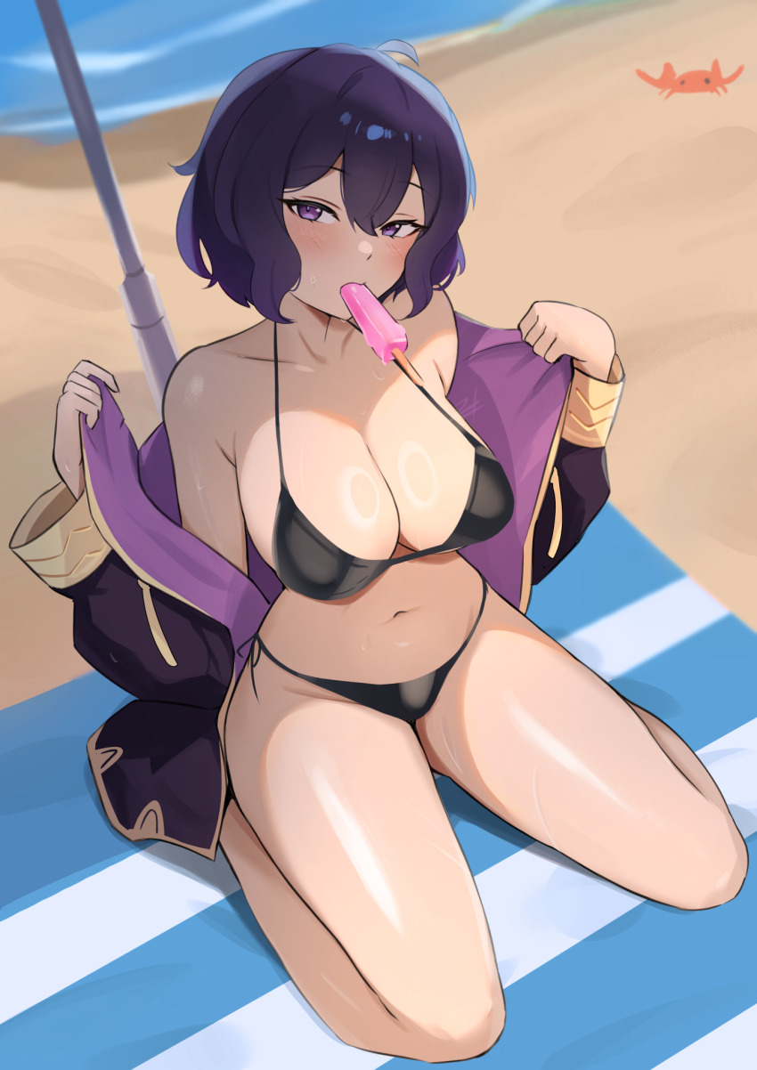 1girl, bare_shoulders, beach, beach_towel, bikini, black_bikini, black_jacket, breasts