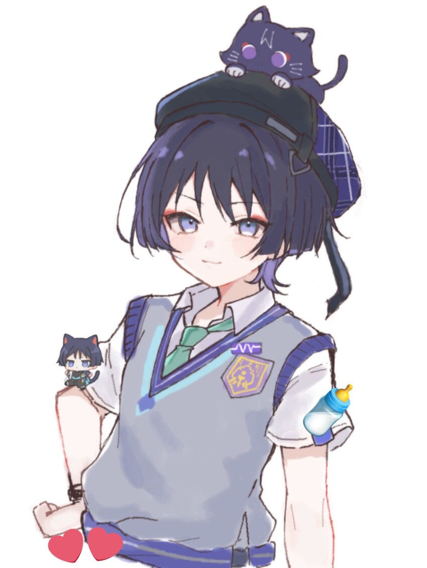 1boy, animal, animal_ears, animal_on_head, aqua_necktie, baby_bottle, beret, blunt_ends