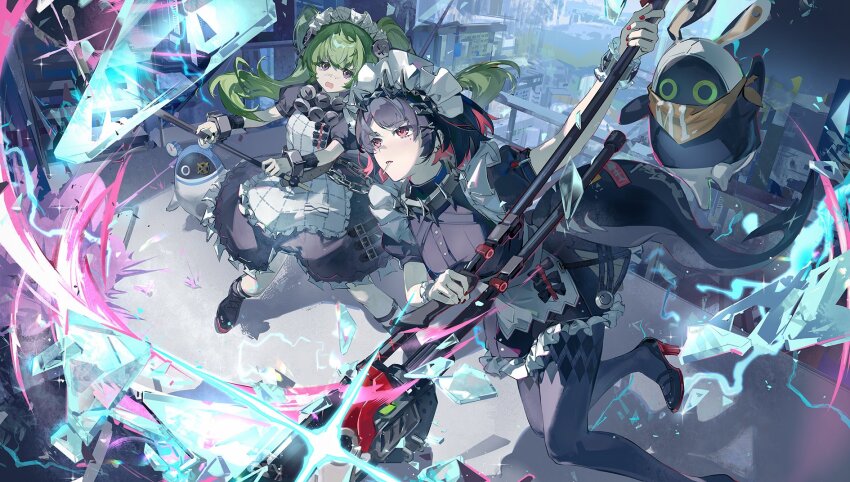 2girls, black_hair, black_pantyhose, cityscape, colored_inner_hair, corin_wickes, ellen_joe, fighting