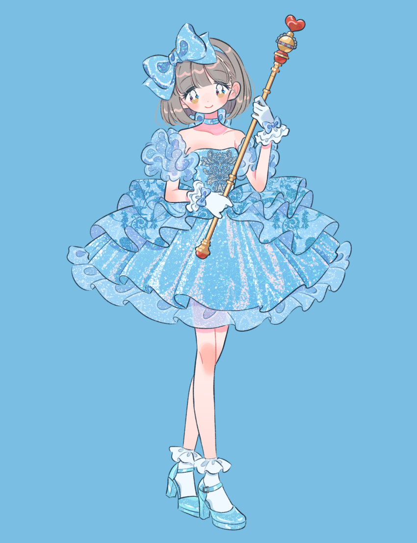 absurdres, bare_legs, bare_shoulders, blue_background, blue_bow, blue_choker, blue_dress, blue_footwear