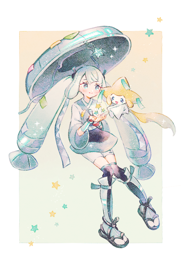 1girl, blush, border, closed_mouth, commentary_request, cupping_hands, eyelashes, gen_3_pokemon