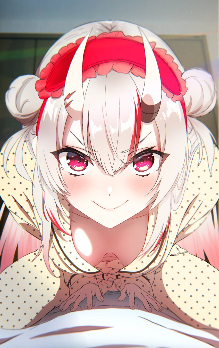1girl, absurdres, alternate_costume, bent_over, breasts, cleavage, commentary_request, double_bun, downblouse, extended_downblouse, eye_mask, girl_on_top, good_morning_my_brother_(meme), gradient_hair, hair_between_eyes, hair_bun, hands_on_another's_stomach, highres, hololive, horns, looking_at_viewer, mask, medium_breasts, multicolored_hair, nakiri_ayame, no_bra, oni, pajamas, parody, polka_dot, polka_dot_pajamas, pov, red_eyes, red_hair, scene_reference, skin-covered_horns, smile, straddling, streaked_hair, terra_bose, tokidoki_bosotto_roshia-go_de_dereru_tonari_no_alya-san, unmoving_pattern, virtual_youtuber