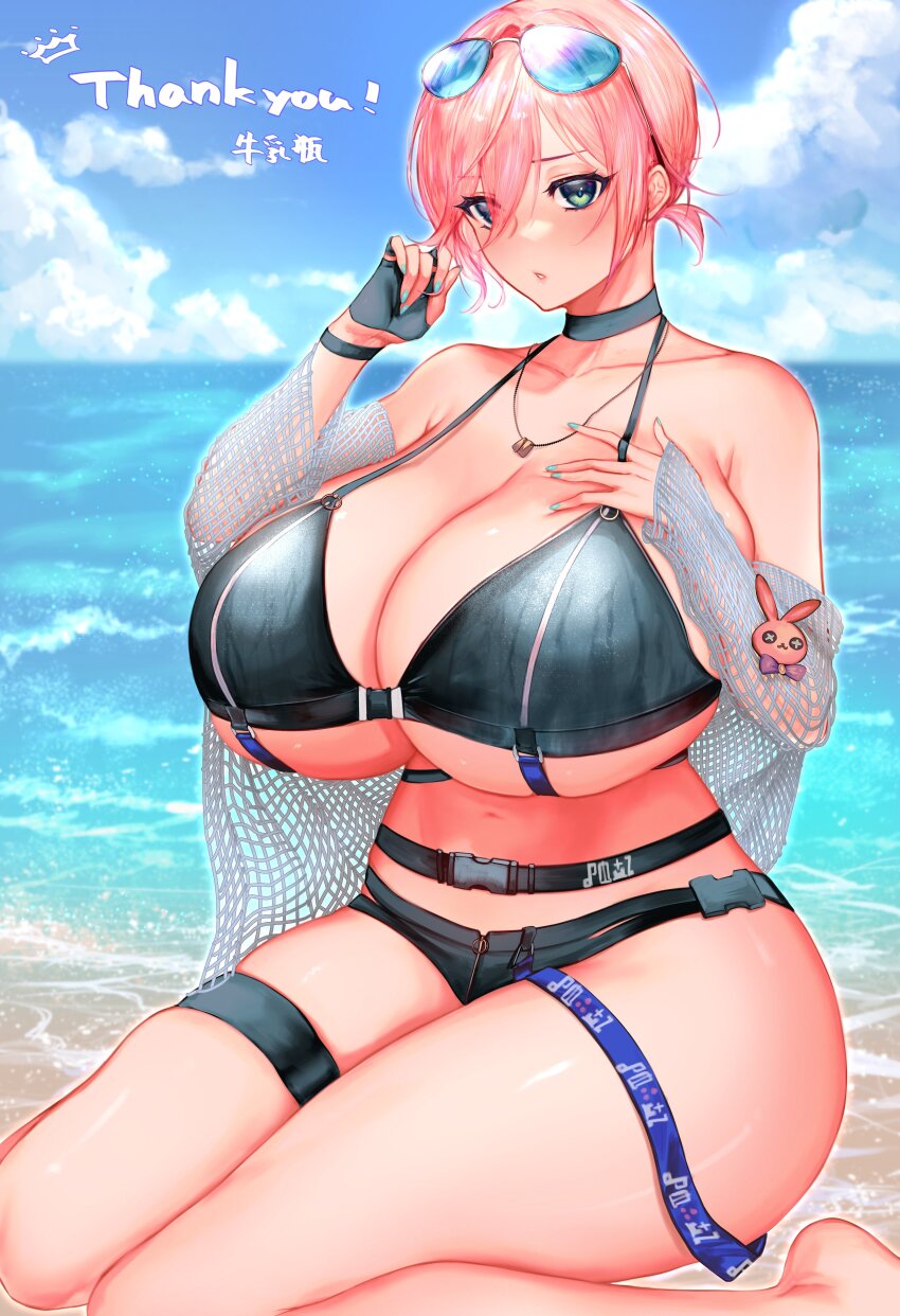 1girl, absurdres, artist_name, bare_shoulders, barrett_(cryptract), beach, belt, bikini, black_belt, black_bikini, black_choker, black_gloves, blue_nails, blue_sky, blush, breasts, choker, cleavage, cloud, collarbone, commission, cryptract, eyewear_on_head, fingerless_gloves, gloves, green_eyes, hands_up, highres, horizon, huge_breasts, jewelry, milk4290, nail_polish, navel, necklace, ocean, outdoors, parted_lips, pink_hair, second-party_source, short_hair, single_glove, sitting, skeb_commission, sky, sunglasses, swimsuit, thank_you, thick_thighs, thigh_strap, thighs, wariza