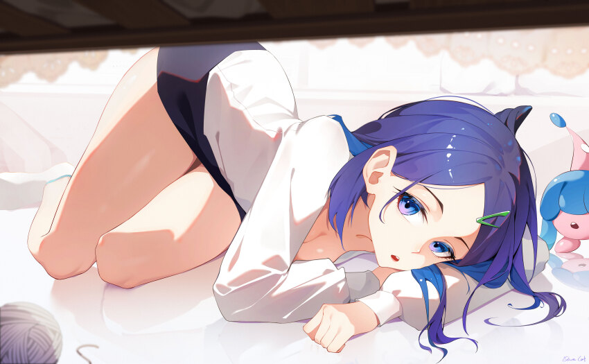 1girl, :o, absurdres, alternate_costume, black_skirt, blue_eyes, blue_hair, breasts, cleavage, commentary_request, cowlick, gen_8_pokemon, hair_ornament, hairclip, hatenna, highres, liko_(pokemon), long_hair, long_sleeves, nintendo, oare_cat, parted_bangs, pokemon, pokemon_(anime), pokemon_(creature), pokemon_horizons, reflection, shirt, skirt, socks, white_shirt, white_socks, yarn, yarn_ball