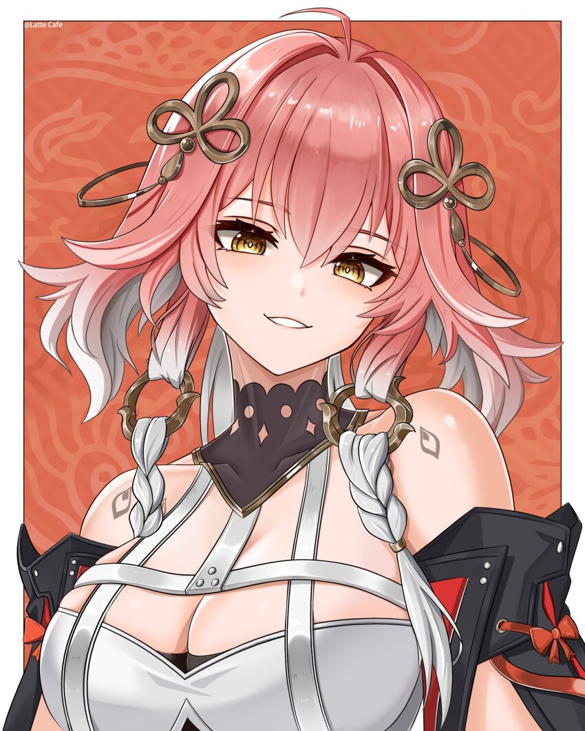 1girl, absurdres, ahoge, artist_name, bare_shoulders, black_collar, black_sleeves, body_markings, braid, breasts, bright_pupils, changli_(wuthering_waves), chinese_commentary, cleavage, collar, commentary_request, covered_collarbone, detached_sleeves, hair_between_eyes, hair_extensions, hair_intakes, hair_ornament, highres, large_breasts, lattecafe, long_hair, looking_at_viewer, multicolored_hair, pink_hair, portrait, ring_hair_extensions, smile, solo, teeth, twin_braids, two-tone_hair, white_hair, white_pupils, wuthering_waves, yellow_eyes