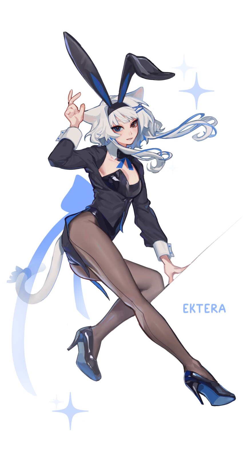 1girl, animal_ear_hairband, animal_ears, arm_support, artist_name, black_bow, black_bowtie, black_jacket