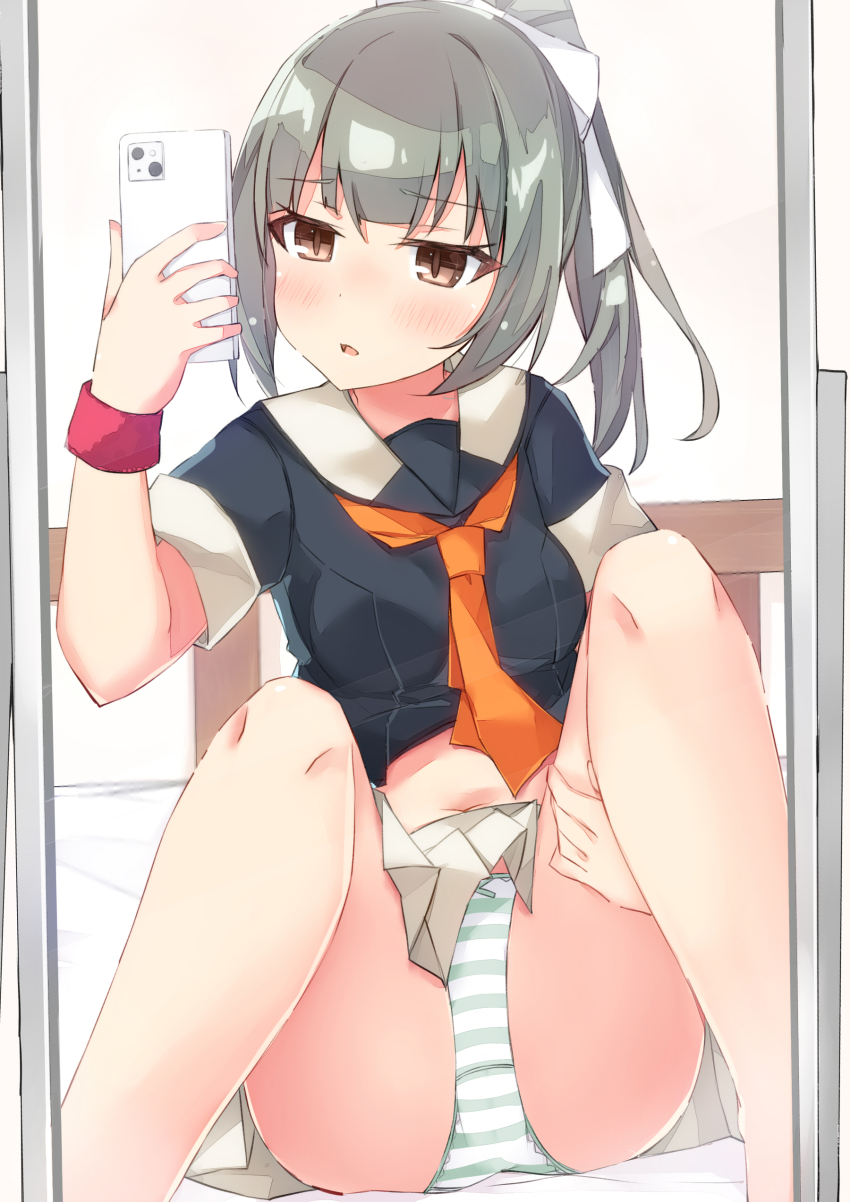 1girl, absurdres, beritabo, bow, bow_panties, breasts, brown_eyes, cellphone