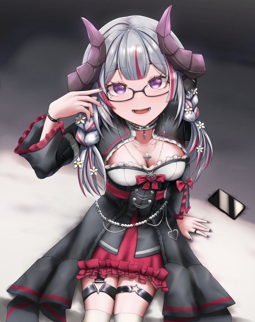 absurdres, black-framed_eyewear, black_dress, bracelet, braid, breasts, cellphone, chikafuji_lisa