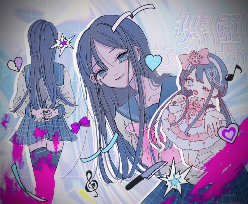 1girl, black_hair, black_thighhighs, blood, blue_sailor_collar, bow, bowtie, c_(srhtguy)