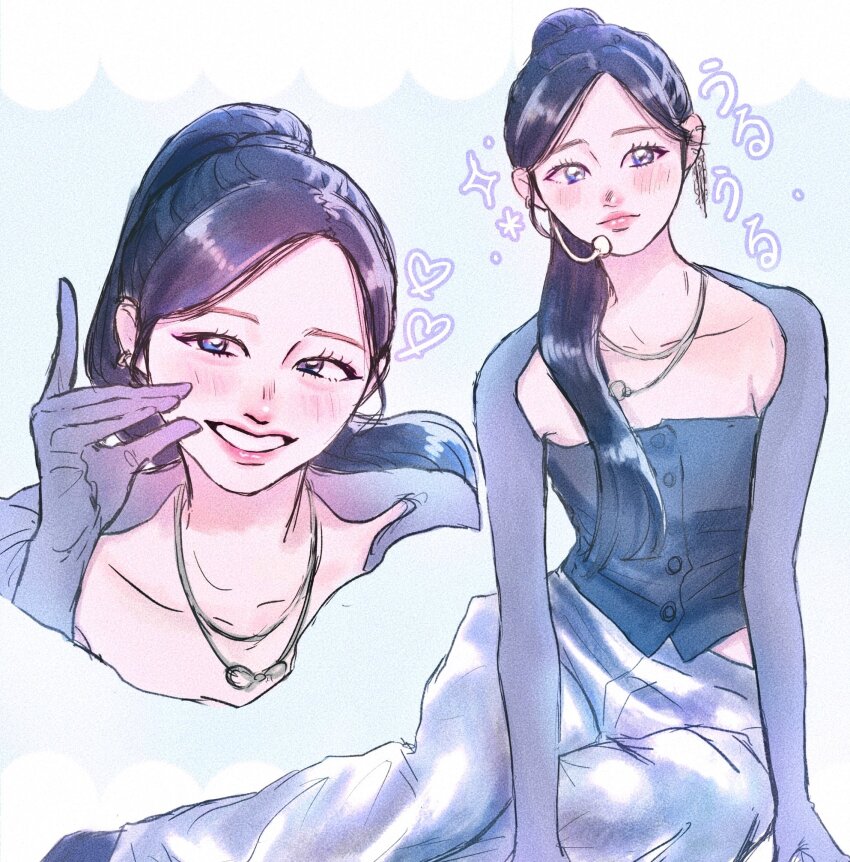 1girl, animification, black_shirt, blue_gloves, blue_pants, blush, collarbone, earrings