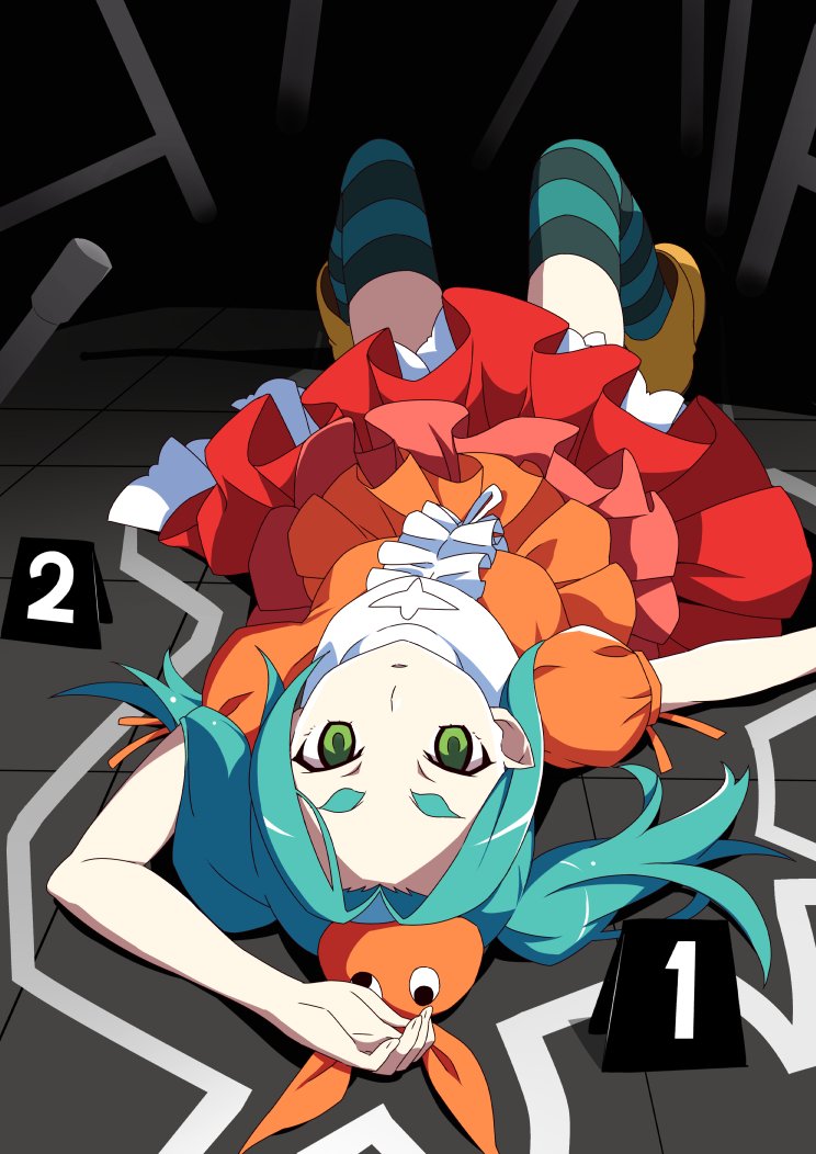 aqua_hair, aqua_thighhighs, arm_above_head, bad_id, bad_twitter_id, boots, cellphone, chalk_outline